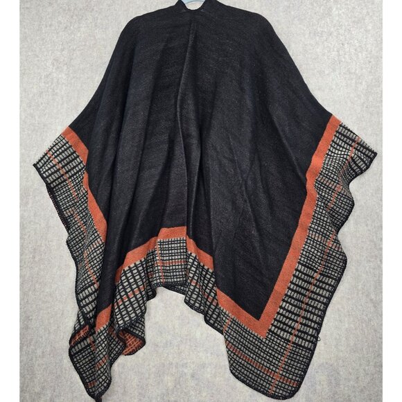 Reversible Acrylic Poncho Shawl With Plaid & Solid Pattern In Black & Orange - Picture 1 of 5